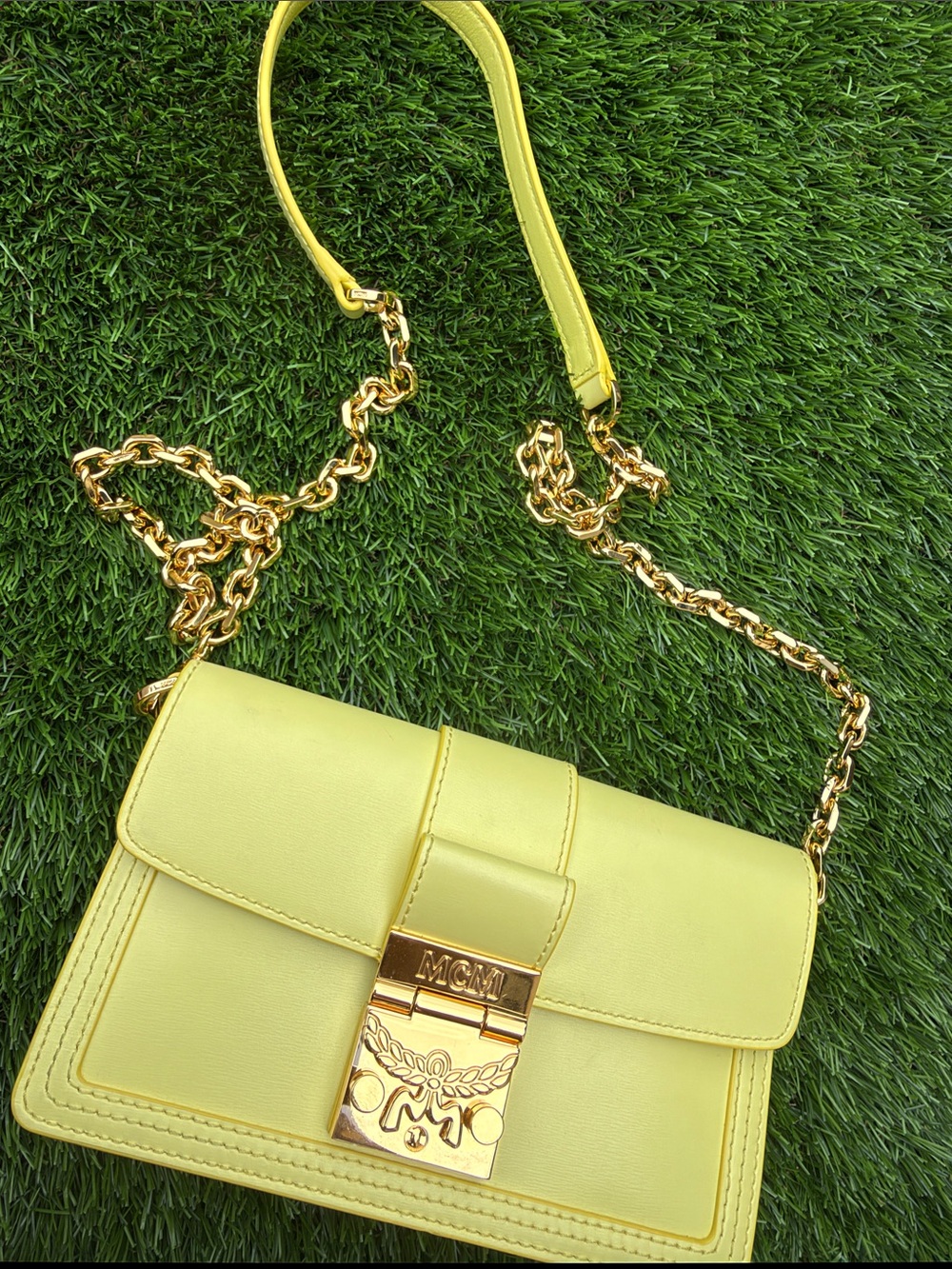 MCM Lemon Yellow Leather Crossbody with Gold Chain Strap